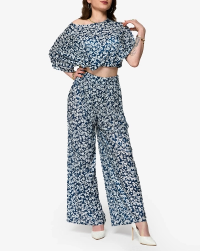 Sieviešu tumši zils plisēts komplekts ar melniem ziediem - Apģērbs