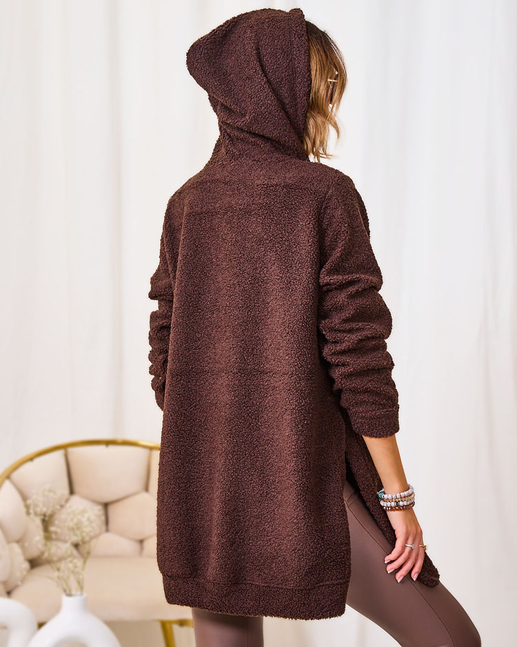 Royalfashion Dark brown women's long sweater with hood