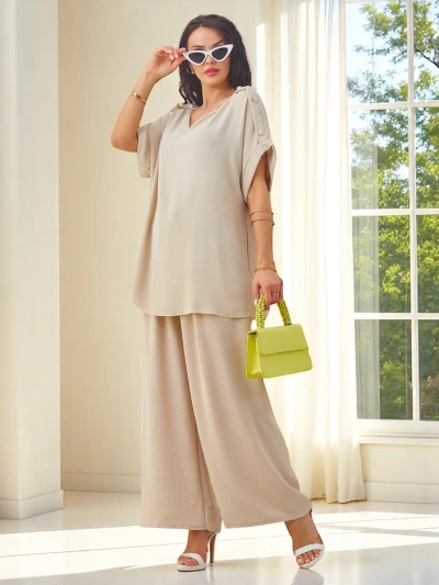 Royalfashion Women's cotton set with short sleeves and flared pants