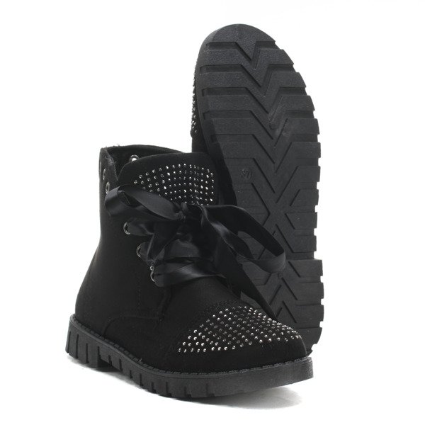 Czarne botki zamszowe wiązane wstążką - Obuwie