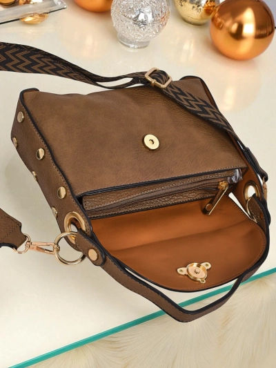 Women's small leather handbag Perseida brown with decorative motif