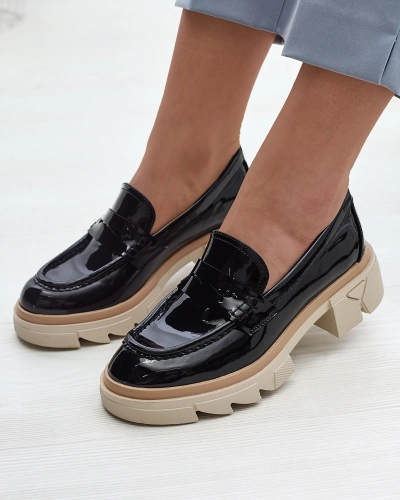 Black women's eco leather patent leather moccasins Sepop- Footwear