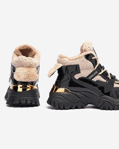 Black women's sports shoes with fur and beige laces Adbo- Footwear