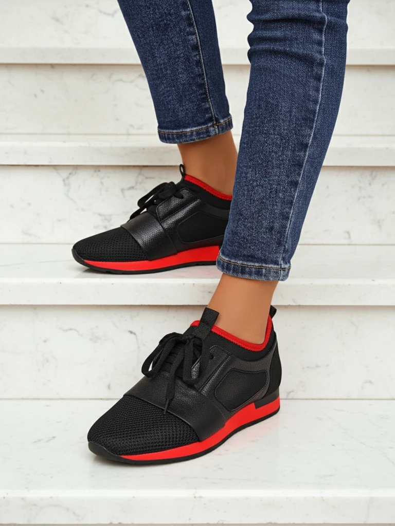 Women's Artemida Nero sneakers made of fabric and eco-leather with a red accent