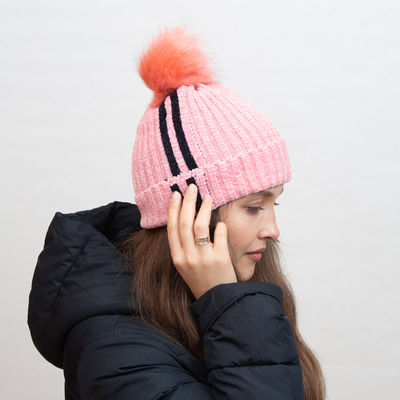 Pink insulated beanie with white stripes and pompom - Accessories