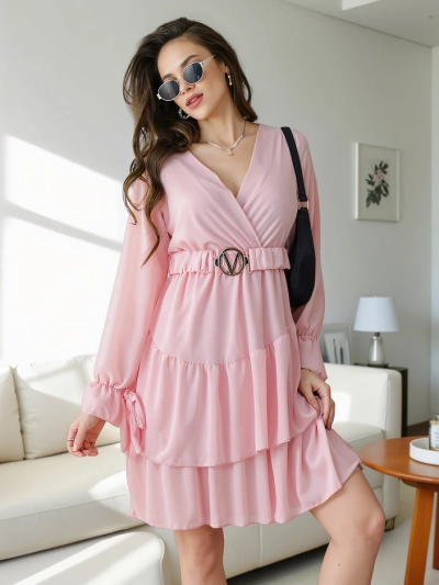 Royalfashion Women's mini dress with ruffles and wrap neckline