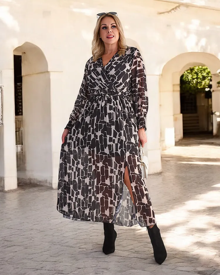 Royalfashion Melnā un bēšā krāsā rakstaina sieviešu maxi kleita