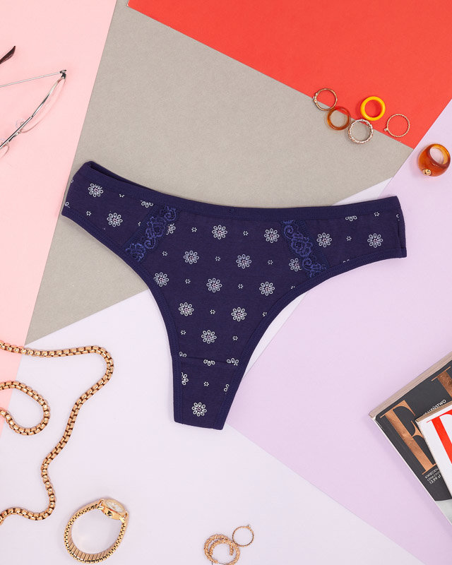 Navy blue women's cotton thongs with flowers - Underwear