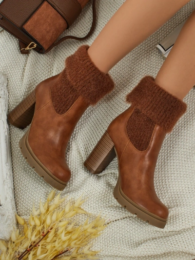 Botki damskie eko skórzane na słupku z dzianiną Tirave