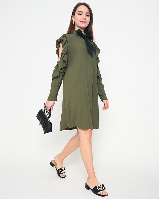 Dark green shirt style dress with ruffles and bow - Clothing