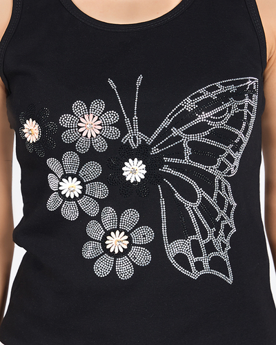 Black women's top with butterfly and flowers - Clothing