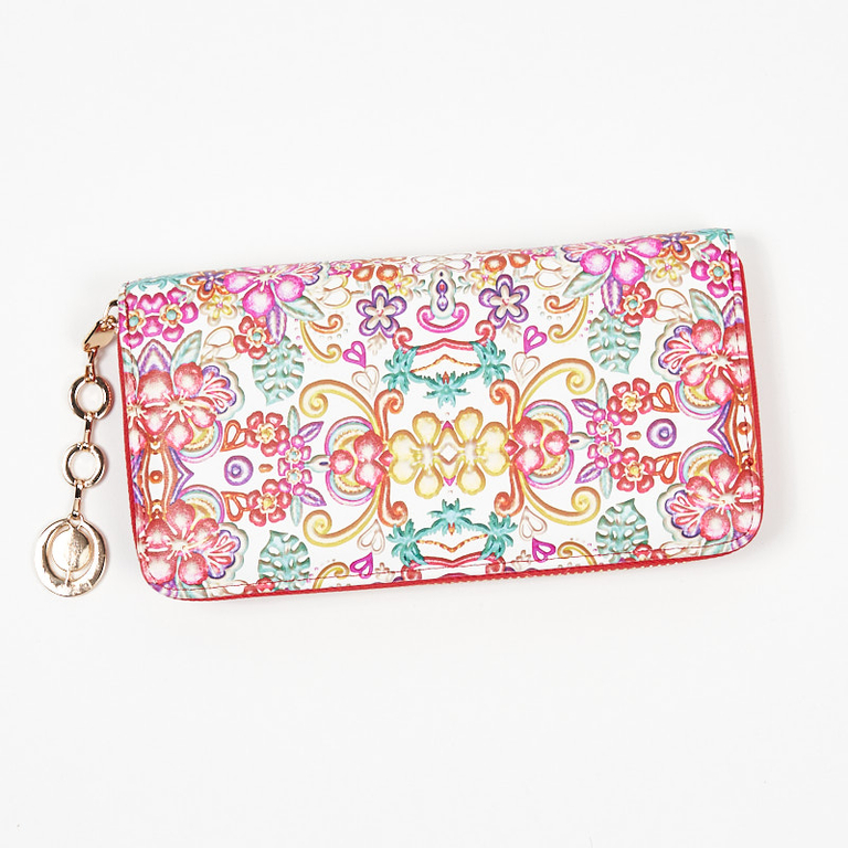Large white and red women's wallet with a floral pattern - Accessories