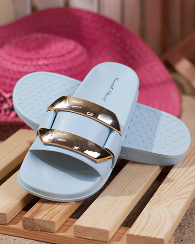 Zilas sieviešu čības ar zeltainu Serina ornamentu - Apavi