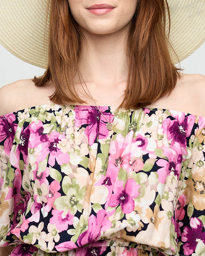 Dark pink knee-length dress with a multicolored floral pattern - Clothing