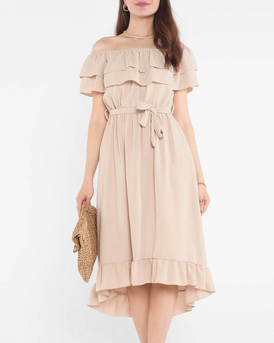 Beige ladies dress with frills - Clothing