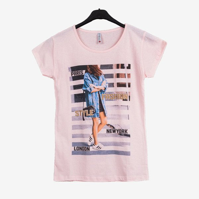 Light pink women's t-shirt with print - Blouses 1