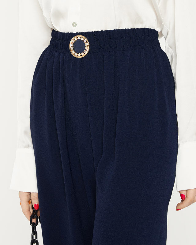 Navy blue women's wide palazzo pants with ornament - Clothing
