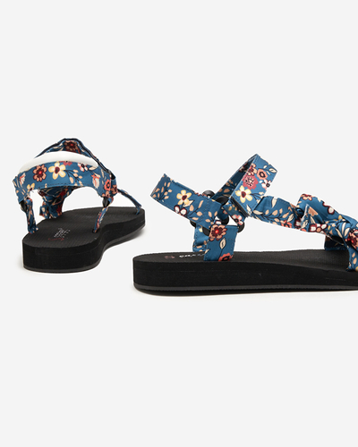 Ladies 'black sandals with blue stripes with Lilien flowers - Footwear