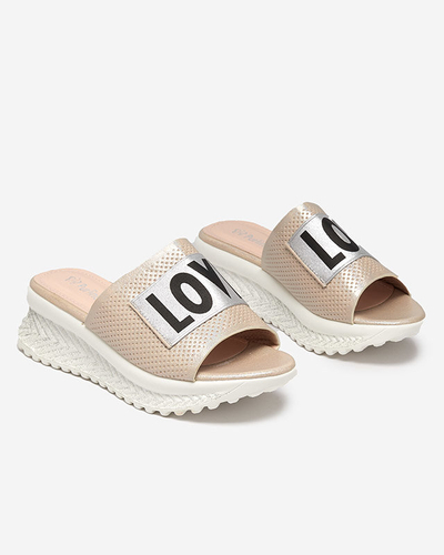 Ladies' beige shiny slippers with the words Sosha- Footwear