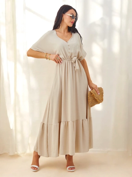 Royalfashion Women's midi dress with short sleeves and decorative buttons