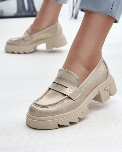 Gold women's eco leather moccasins Sepop- Footwear