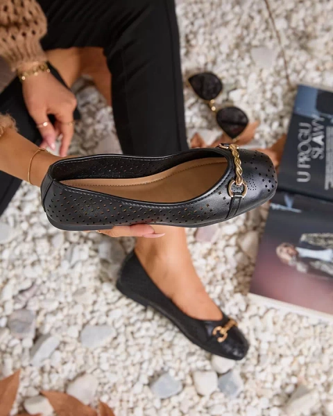 Black women's openwork ballerinas with gold ornament Serilla- Footwear