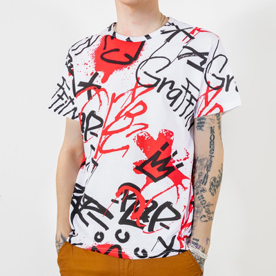 White and red cotton t-shirt for men with inscriptions - Clothing