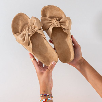 Brown eco-suede slippers with a Sun and Fun bow - Footwear