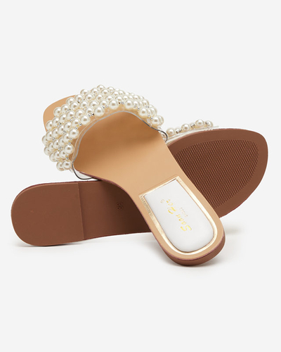 Women's white slippers with pearls Faldei. Footwear
