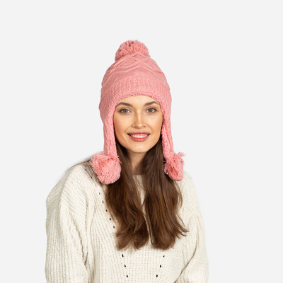Sieviešu rozā siltināta cepure ar pomponiem - Aksesuāri