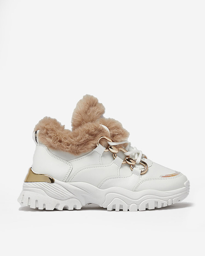 Royalfashion White women's sports sneakers with fur Wicallen