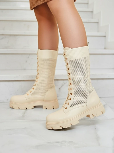 Royalfashion Women's openwork cream lace-up boots Buhomias
