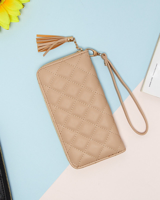 Beige women's large quilted wallet with tassels - Accessories