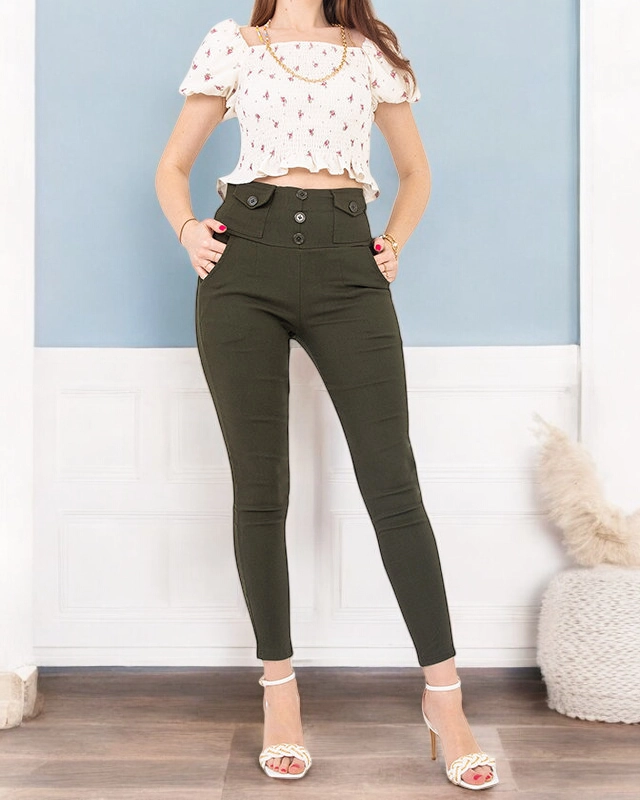 Women's green treggings with buttons - Clothing