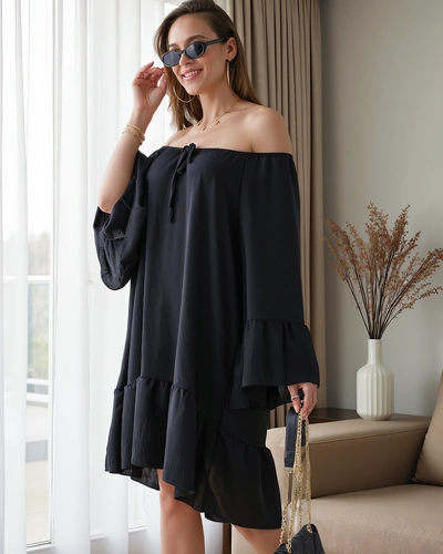 Royalfashion Sieviešu kleita ar atklātām pleciem un volāniem, liela izmēra