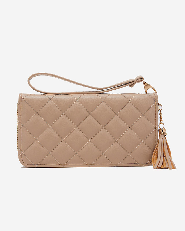 Beige women's large quilted wallet with tassels - Accessories