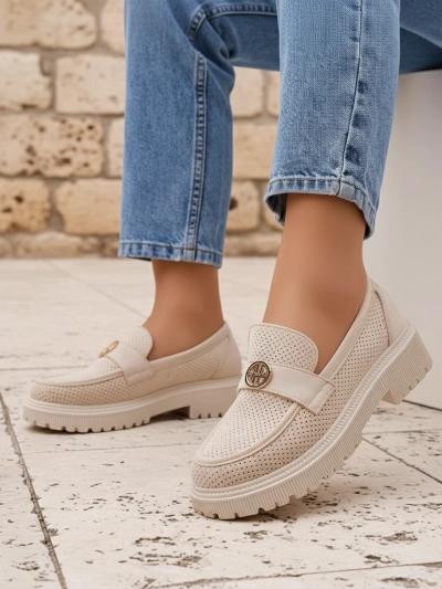 Callista beige women's loafers made of eco-suede on a 4 cm flat sole