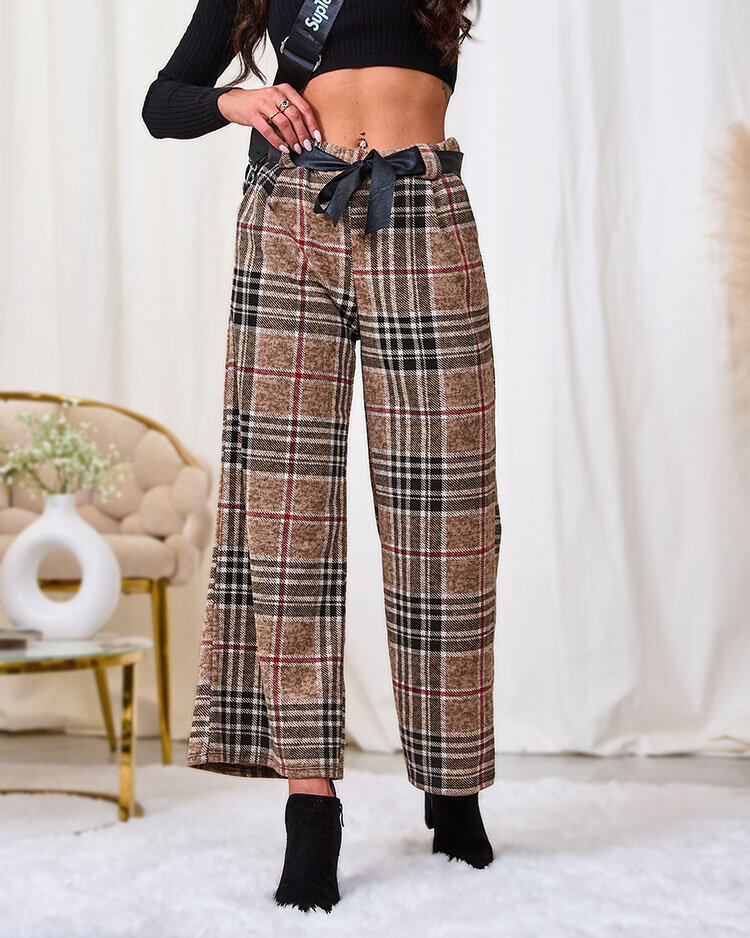 Royalfashion Бежевые женские широкие клетчатые брюки