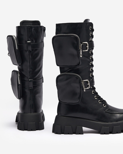 Melni strādnieku zābaki ar dekoratīvām paciņām virspusē Sello- Footwear