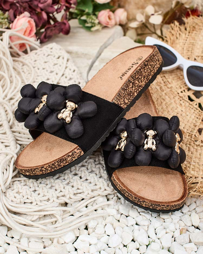 Royalfashion Women's flip-flops with gold teddy bears and flowers Isaralle