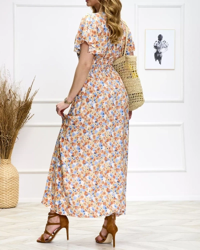 Oranžā un zilā krāsā sieviešu puķaina midi kleita - Apavi