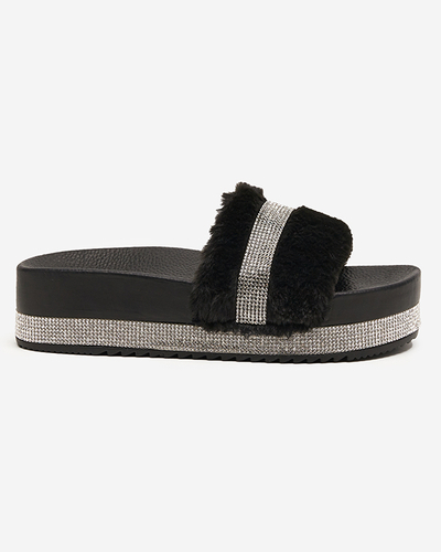 Black women's slippers with fur and cubic zirconia Zerika - Footwear
