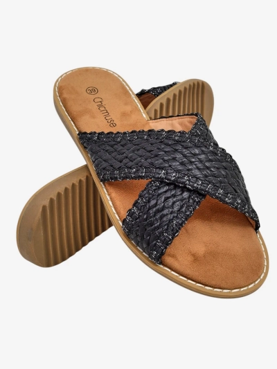 Calista Nero women's flat sandals, black braid, ecological leather