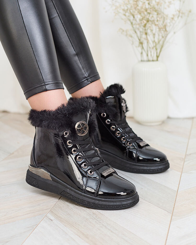 Royalfashion Лакированные черные женские утепленные кроссовки Rebucca
