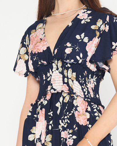 Navy airy women's floral dress with short sleeves - Clothing