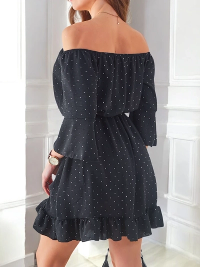 Royalfashion Sieviešu mini kleita bez pleciem ar garām piedurknēm un rhinestones