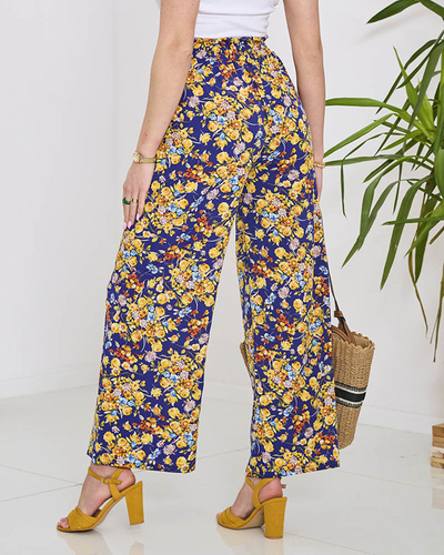 Women's blue palazzo pants with navy blue flowers- Clothing