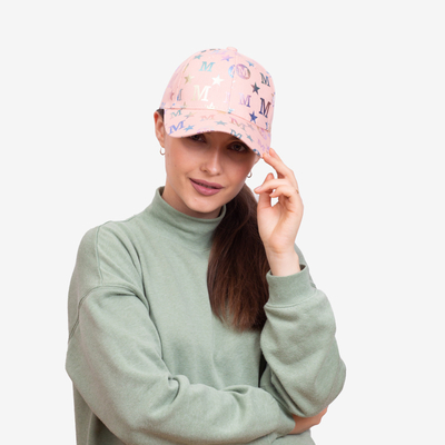 Pink women's cap with a visor and multicolored letters - Accessories