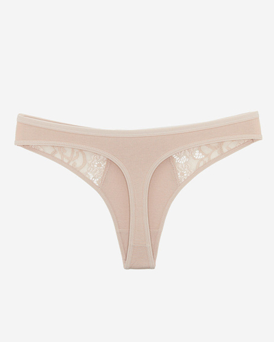 Women's beige cotton thong with decorative lace - Underwear