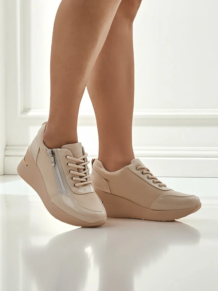 HeraBea women's wedge sneakers, beige, made of eco-leather, 6.5 cm with a zipper